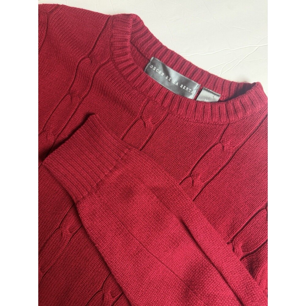 Oscar De La Renta Cable Knit Sweater Medium Red Grandpacore Fisherman Pullover